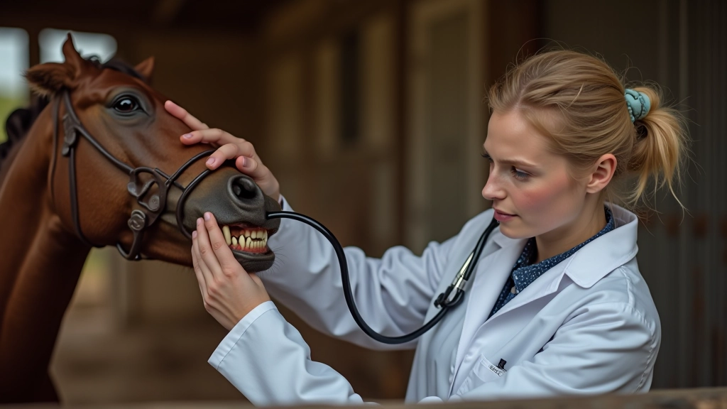 Veterinaras tikrindamas žirgo dantis, vyriausiasis žirgyno gydytojas, ūkyje
