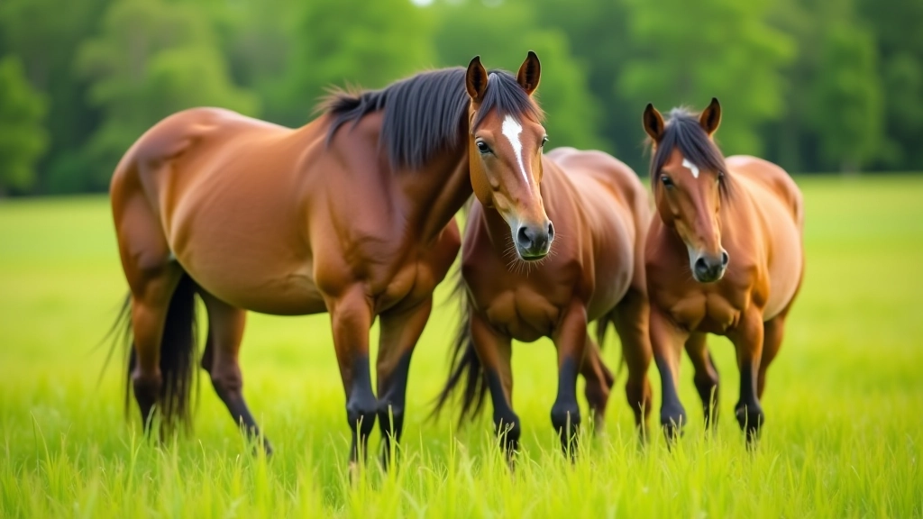 Žemaitukų žirgai ganykloje, žemoji nuotrauka iš šono, trijų žirgų grupė